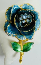 SIGNED WEISS ENAMEL AND BLUE RHINESTONE GOLD TONE BROOCH