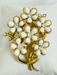 SIGNED CORO GOLD TONE WHITE & RHINESTONE FLOWER BROOCH