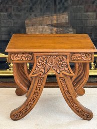 SIZE  LIBRARY     Carved Vintage Wood Stool With Slat Sides