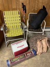 Lot Of Outdoor Chairs, Camping Gear, Walking Sticks, Igloo Cooler