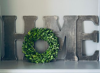 Wooden Home Letters Sign With Boxwood Wreath