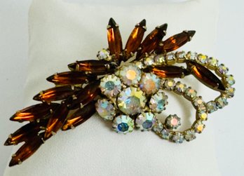 PRETTY ORANGE AND AURORA RHINESTONE SPRAY BROOCH