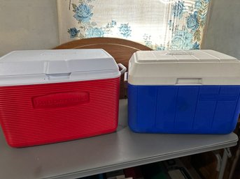 Two Coolers - Red Rubbermaid - Blue Coleman