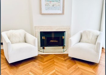 Pair Gorgeous Mitchell Gold White Velvet Cooper Swivel Chairs & Two CB Fur Pillows