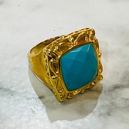 925 Vintage Statement Ring  Ornate Filigree Setting With Large Faceted Square Turquoise Cabochon