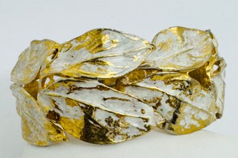 VINTAGE GOLD TONE WHITEWASH LEAF CLAMPER BRACELET