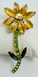 VINTAGE GOLD TONE RHINESTONE MOLDED FLOWER BROOCH