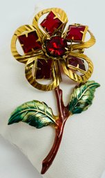 VINTAGE RED OPEN BACK GLASS STONE GOLD TONE ENAMEL FLOWER BROOCH