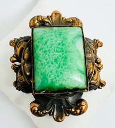 VINTAGE BRONZE TONE CHUNKY GREEN GLASS STONE DRESS CLIP