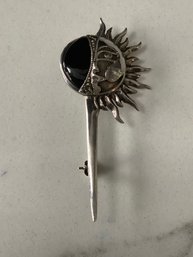 Sterling Silver Black Onyx Stone W/ Half Sun Face Brooch #15