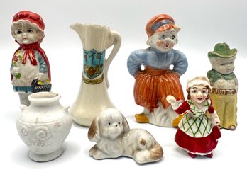 7 Miiature Antique Bisque Figurines, Pitcher & Urn