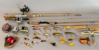 Large Lot Of Vintage Fishing Items Including Wood Lures, Reels, And More