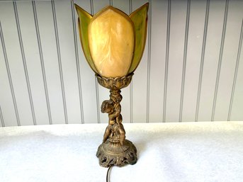 Vintage Regency Style Brass Cherub Table Lamp With Tulip Form Shade
