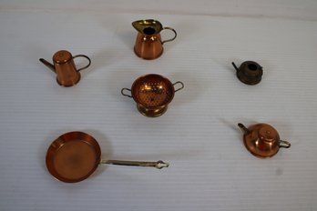 Lot Of Six Dollhouse Miniature Copper Tea Kettle, Fry Pan, Pitcher, Coffee Pot, Strainer, Etc- Made In England