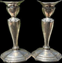 Antique Pair Art Deco Sterling Silver Weighted Candlesticks #561 ~ Monogrammed AMK ~