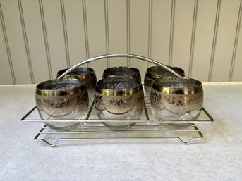 Mid Century Smokey Grey & Silver Cocktail Glasses In Chrome Holder