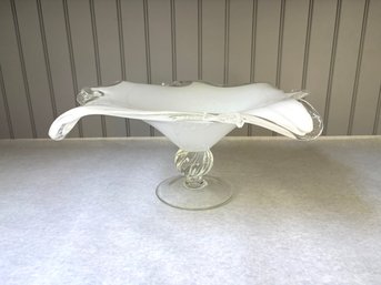 Murano Style Clear & White Art Glass Free Form Centerpiece Bowl