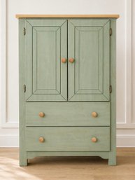 Pretty Painted Farmhouse Cupboard In Seafoam Green With Natural Top And Knobs