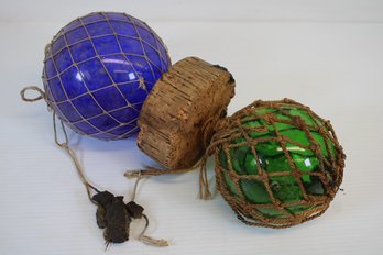 Pair Of Vintage Hand Blown Glass Fishing Buoys, Net And Cork Float