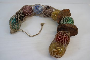 Large Fishing Net Full Of Ten Vintage Hand Blown Glass Fishing Buoys & Two Cork Floats