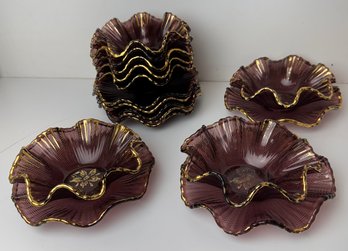 Italian Amethyst Glass Desert Dishes With Gilt Decoration