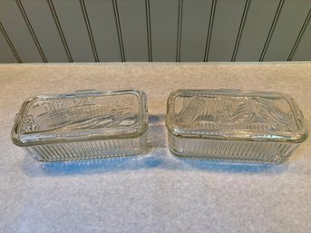 Vintage Rectangular Lidded Glass Containers With Vegetable Motif