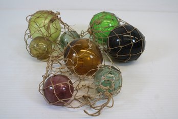 Three Nets Full Of Vintage Hand Blown Glass Fishing Buoys