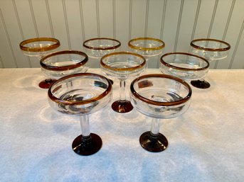 Nine Amber Rimmed Margarita Glasses, Made In Mexico