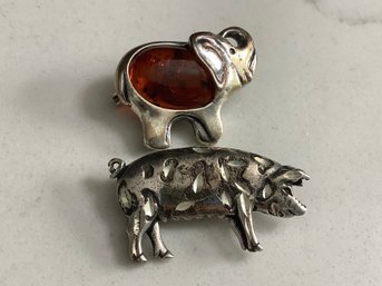 Vintage Pig & Amber Elephant Brooch #32