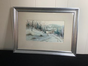 Signed Watercolor Of Winter Landscape