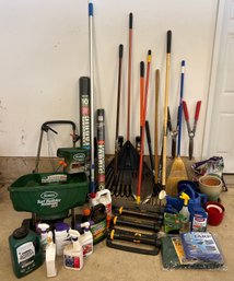 Complete Lawn & Garden Care Lot Including Scotts Turf Builder Spreader, Rakes, Trimmers Supplies & More