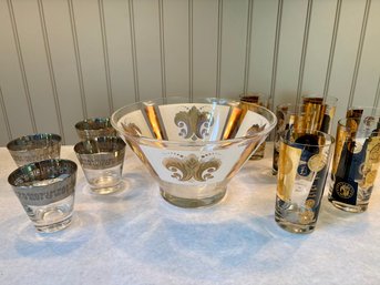 Collection Of MCM Gilt Decorated Barware Including Cera Glass US Coin Highball Glasses