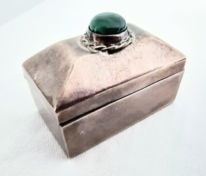 Small Silver Pill Box With Green Stone- See Markings In Photos
