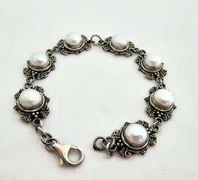 Very Pretty Vintage Silver Bracelet With Pearls, Marked 925