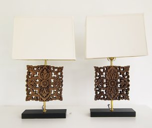 Pair Of Table Lamps With Sculpted Wood Bases And Rectangular Cloth Shades