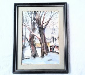 Signed Matted And Framed Watercolor Of A Winter Scene