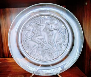 Large Signed Lalique France Plate With Rosewood Stand