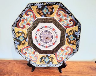 Large Octagonal Japanese Arita Ware Plate With Elaborate And Gilded Design