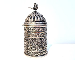 Antique Indian Repousse Lidded Jar With Bird Motif