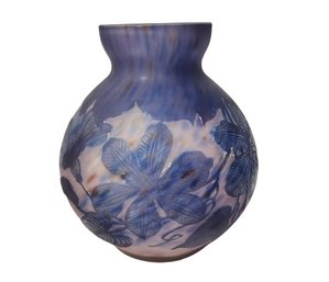 Signed Daum France Vintage Cameo Glass Vase In Tones Of Lilac And Blue