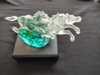 Signed Tittot Glass Sculpture Of Galloping Horses On Base