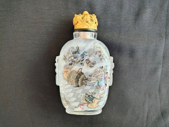Vintage Signed Glass Snuff Bottle With Filigree Stopper, 'Havoc In The Heavenly Palace' Made By Song Yue