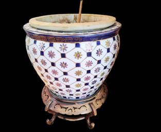 Large Ceramic Asian Pot / Planter/vase On Carved Wood Base