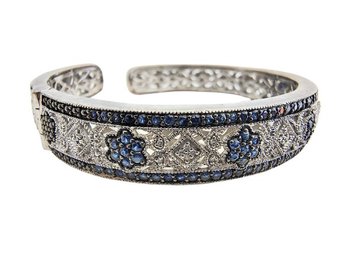 Stunning Sterling Silver Cuff Bracelet With Dark Blue Crystals