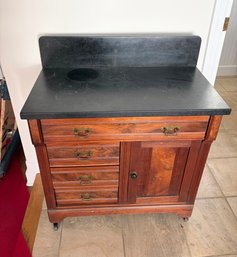 Victorian Style Cabinet With Black Marble Or Granite Backsplash/ Brass Pulls