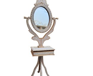 Extraordinary Vintage Freestanding Mirror In Pale Wood With Elaborate Inlay Design