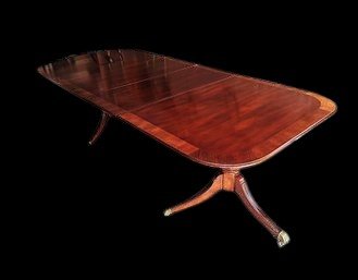 Gorgeous Double Pedestal Wood Table With Two Leaves And Brass Feet