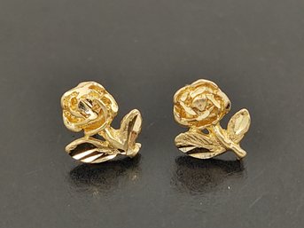 Vintage 14k Gold Etched Rose Flower Earrings