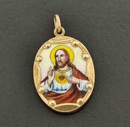 Vintage 10k Gold & Porcelain Sacred Heart Of Jesus Pendant