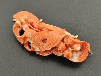 Antique Chinese 14k Gold Carved Coral Lily Of The Valley Flowers Brooch